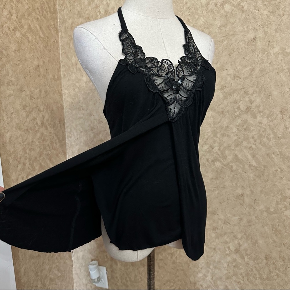 VTG Y2K 2000s RAVE Black Floral Beaded Sequin Split Front Halter Tank Top - Picture 3 of 8